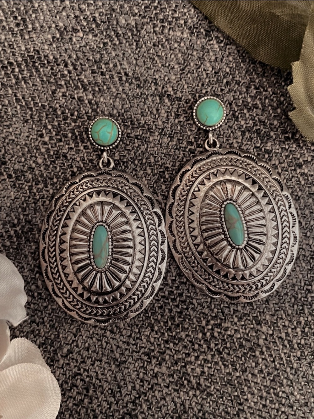 Turquoise Stone Silver Rodeo Earrings